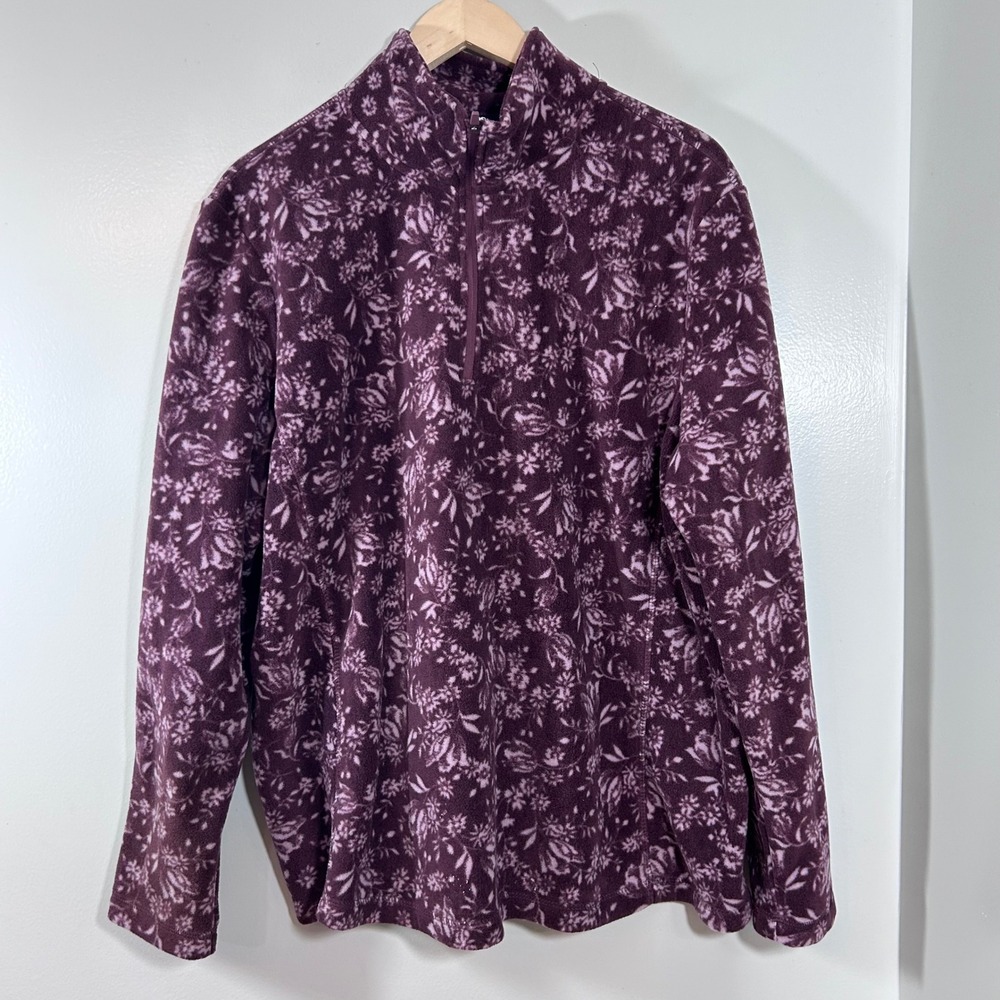 Lands End Womens XL Fleece Pullover Quarter Zip Floral Plum Purple 0867